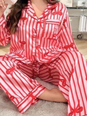 Red Striped Satin Pajama Set with Bow Print - Women